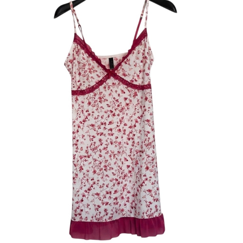 Pink Floral Lace Trim Mesh Ruffle Chemise Slip Dress Nightgown Pajamas Size Med